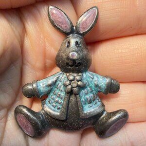Rabbit Brooch Vintage Pewter Tone Bunny Enamel Animal Pin